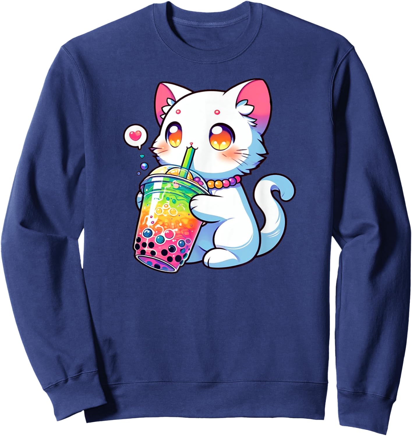 Cute Cat Boba Bubble Tea Rainbow Anime Kawaii Neko Fun Sweatshirt - Sweatshirt | Navy
