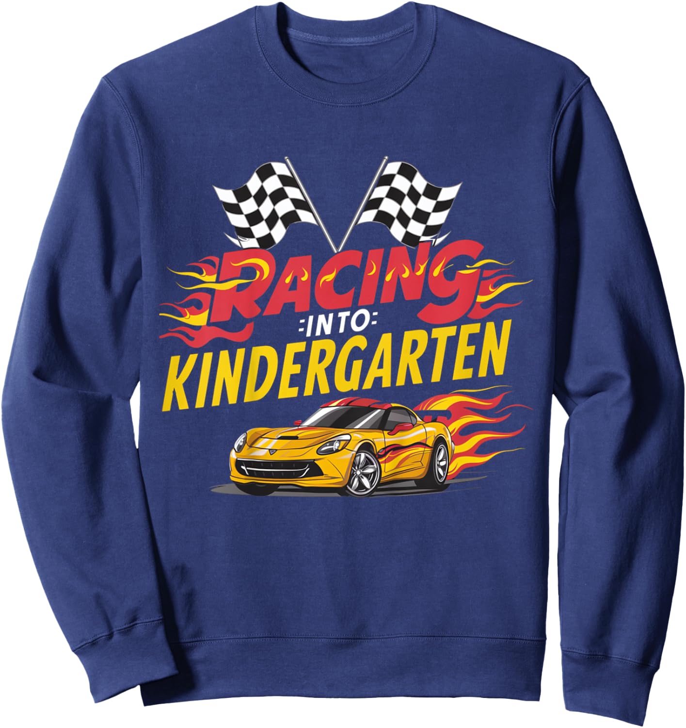 Kids Hello First Day of Kindergarten Racing Car Back to School Sweatshirt - Sweatshirt | Navy