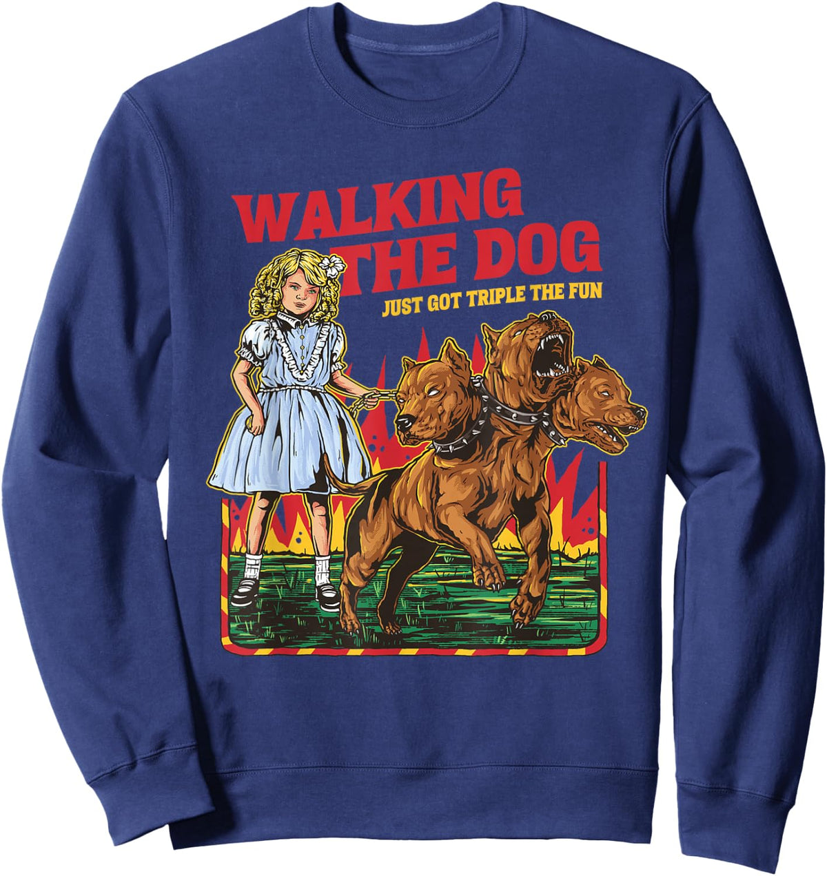 Walking The Dog Cerberus Funny Meme Graphic Vintage Retro Sweatshirt - Sweatshirt | Navy