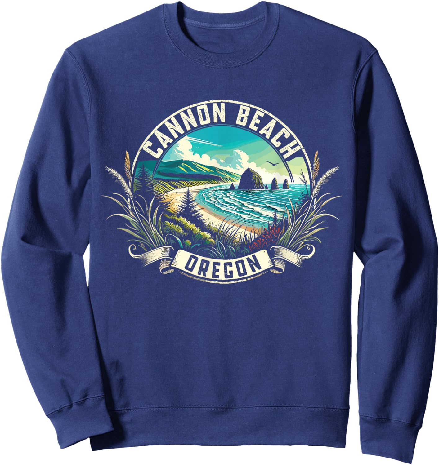 Cannon Beach Watercolor, Cannon Beach Oregon, Cannon Beach Sweatshirt - Sweatshirt | Navy
