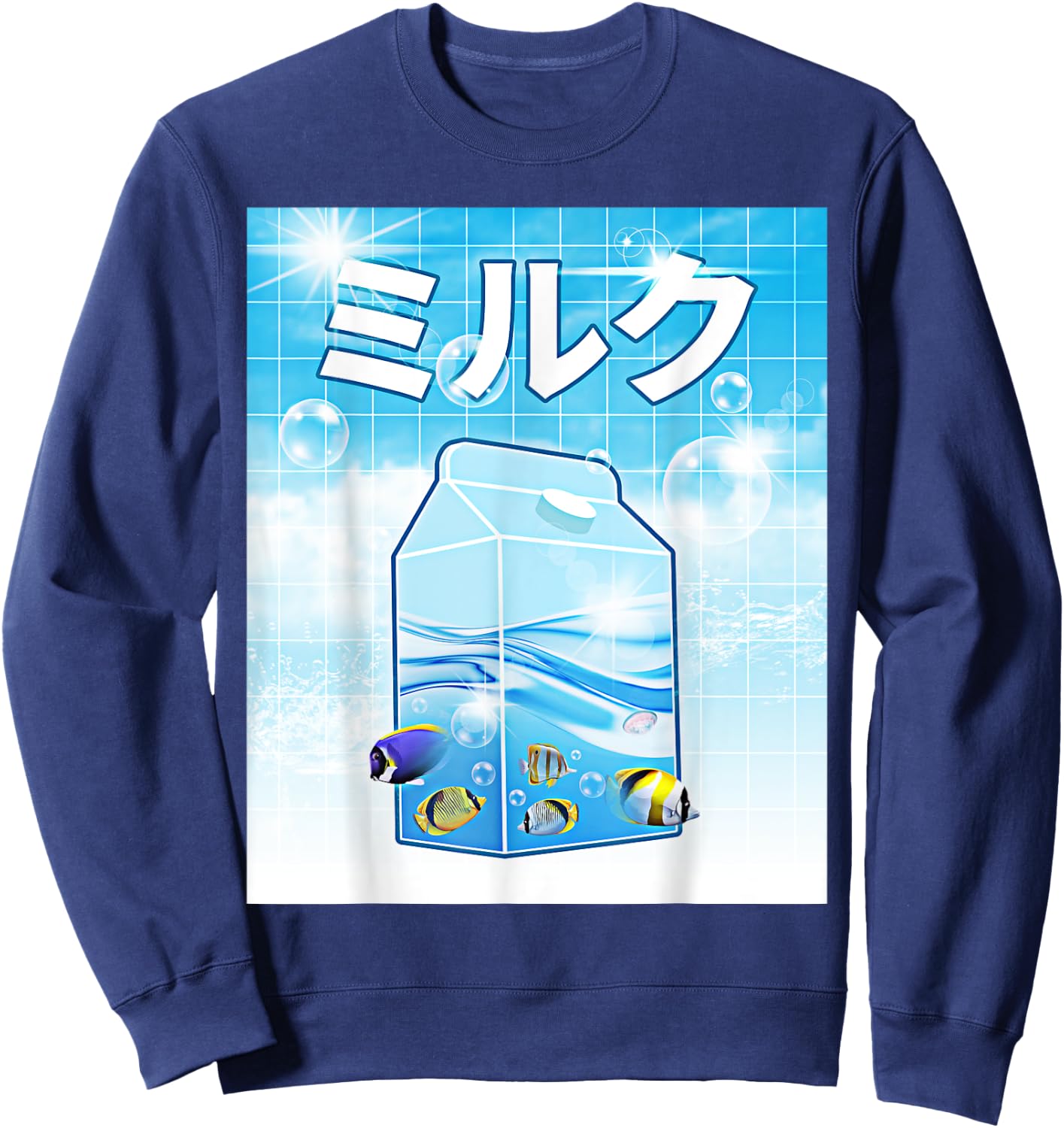 Frutiger Aero Aesthetic Tech Kawaii Milk Underwater Fishes Sweatshirt - Sweatshirt | Navy
