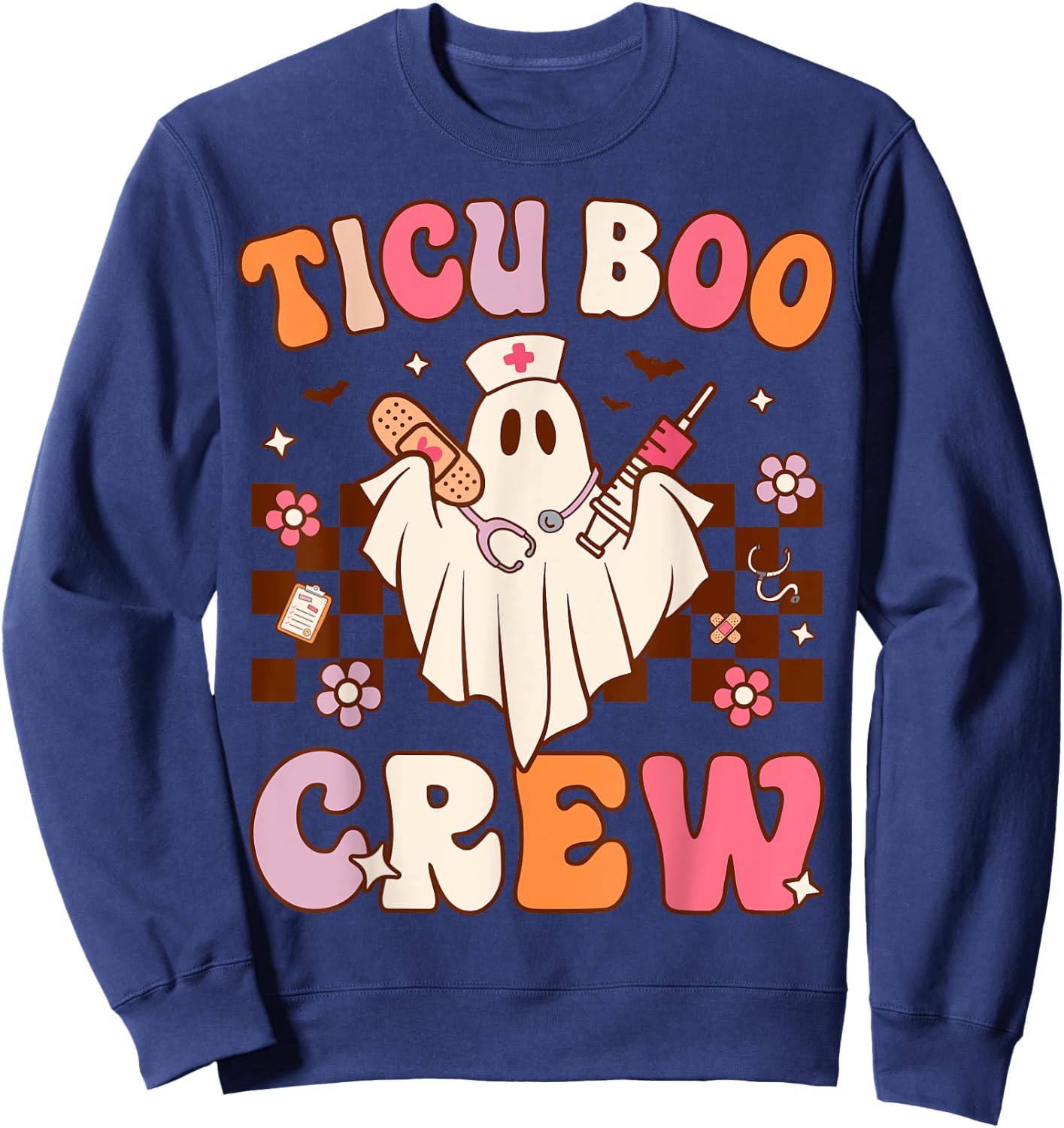 Boo Crew Funny Nursing Ghost Women TICU Nurse Halloween Sweatshirt - Sweatshirt | Navy