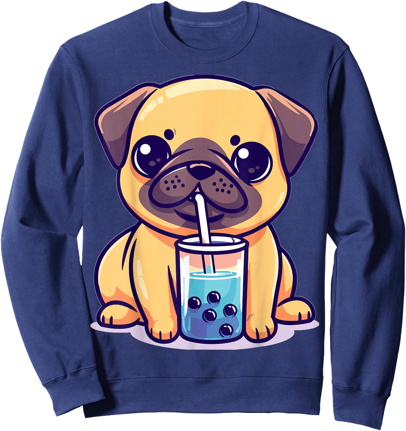 Kawaii Pug Puggy Dog Drinking Bubble Tea Boba Anime Sweatshirt - Sweatshirt | Navy