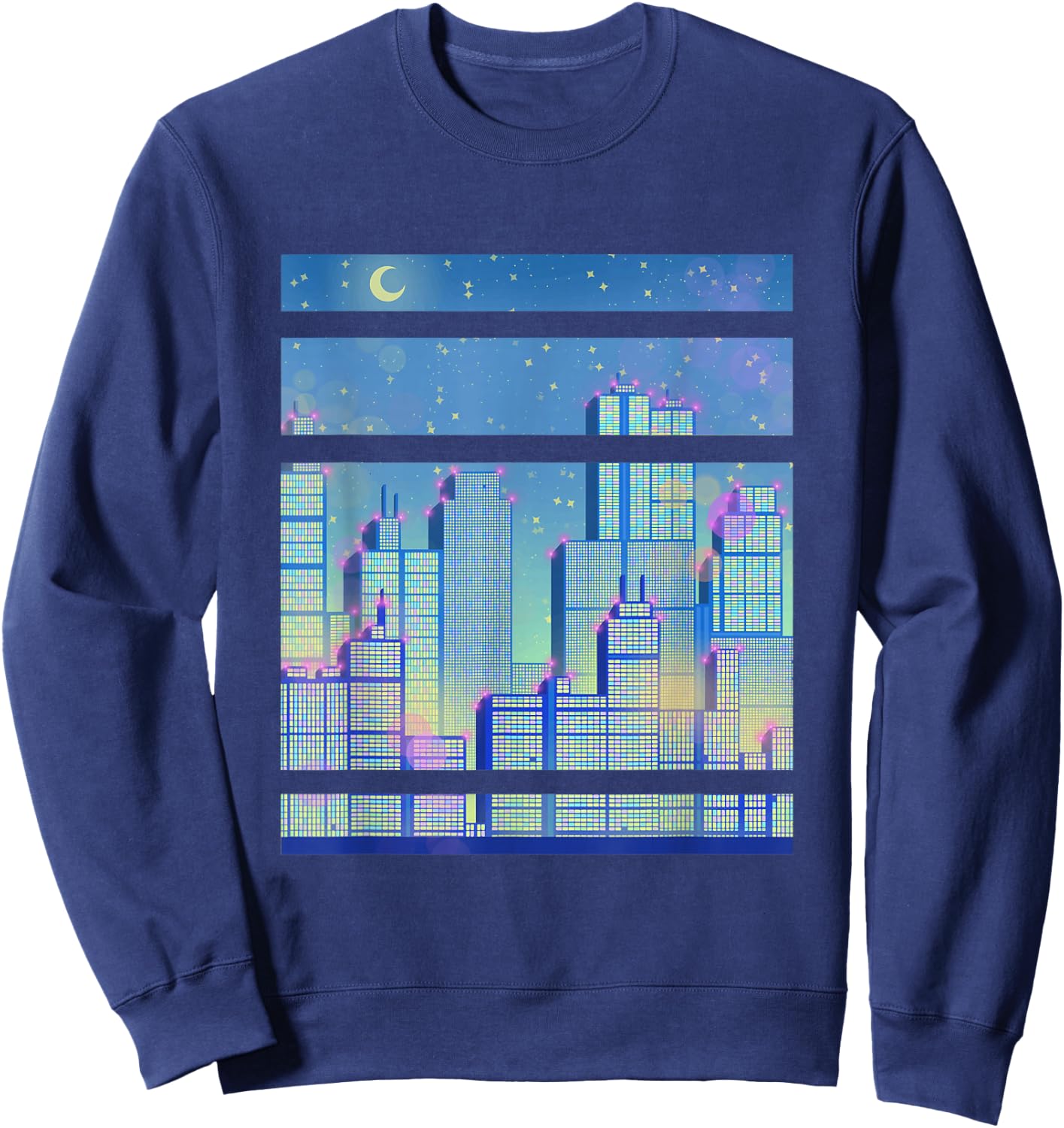 Skyline of a City blue Synthwave Sweatshirt - Sweatshirt | Navy