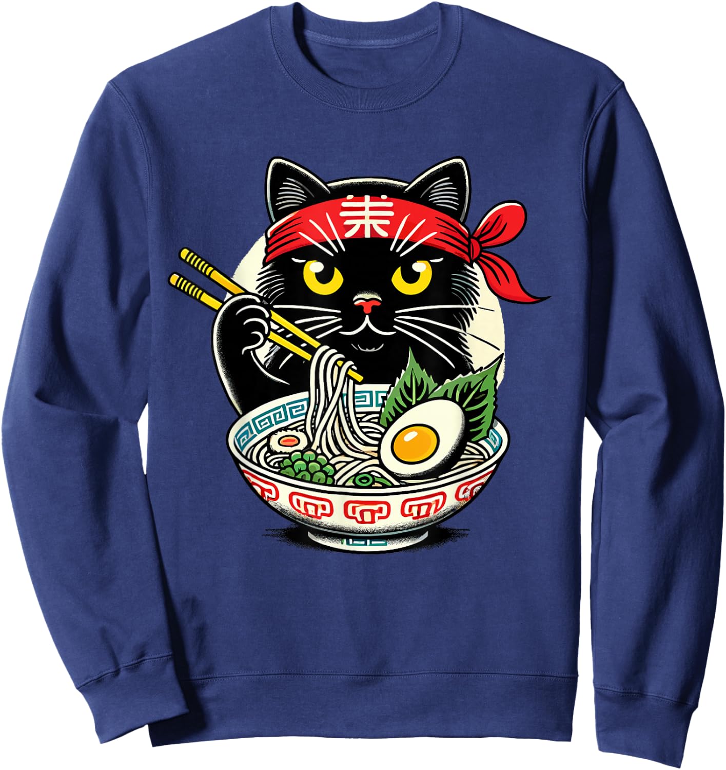 Cat Eating Ramen Noodles, Japanese Anime & Kawaii, Black Cat Sweatshirt - Sweatshirt | Navy