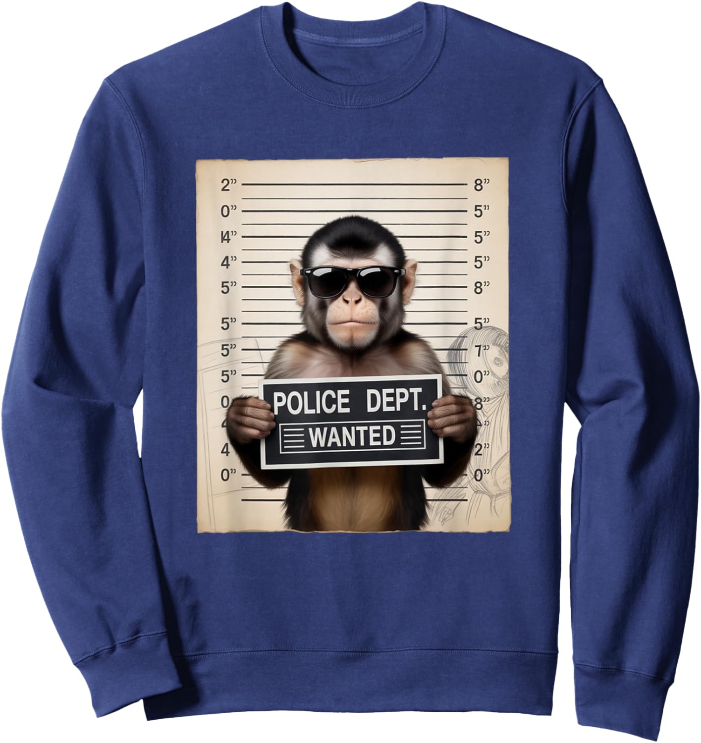 Mugshot Style Art Capuchin Monkey Sunglasses Sweatshirt - Sweatshirt | Navy