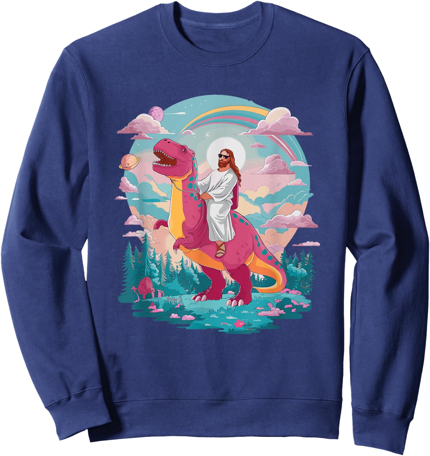 Funny Jesus Riding T-Rex Dinosaur Meme Parody for Believers Sweatshirt - Sweatshirt | Navy