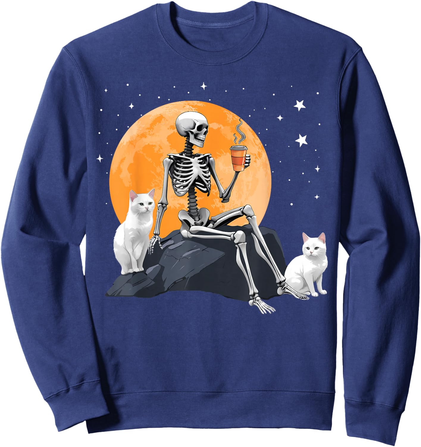 Cute Cat Kitten And Skeleton Drinking Coffee Halloween Sweatshirt - Sweatshirt | Navy