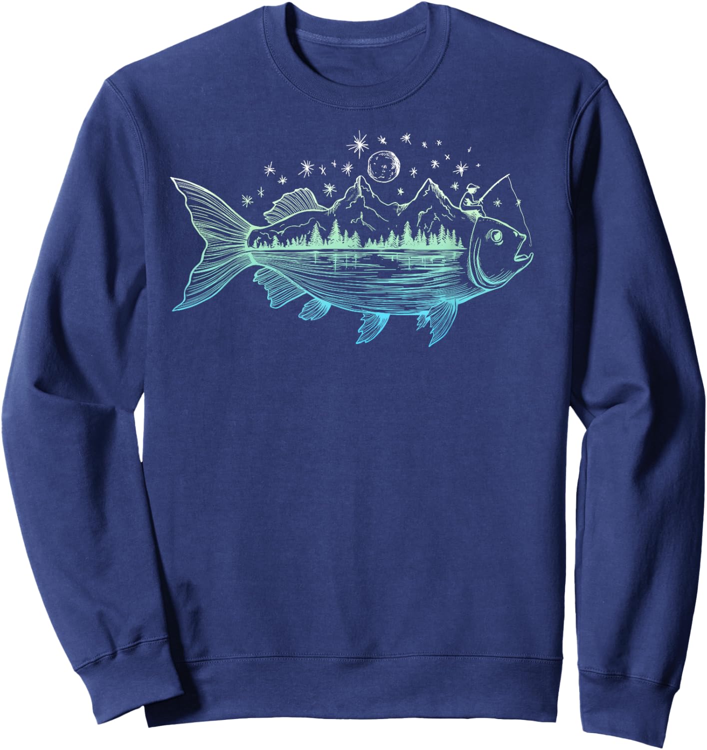 Cool Fish Shaped from Mountains Nature Scene Fishing Sweatshirt - Sweatshirt | Navy