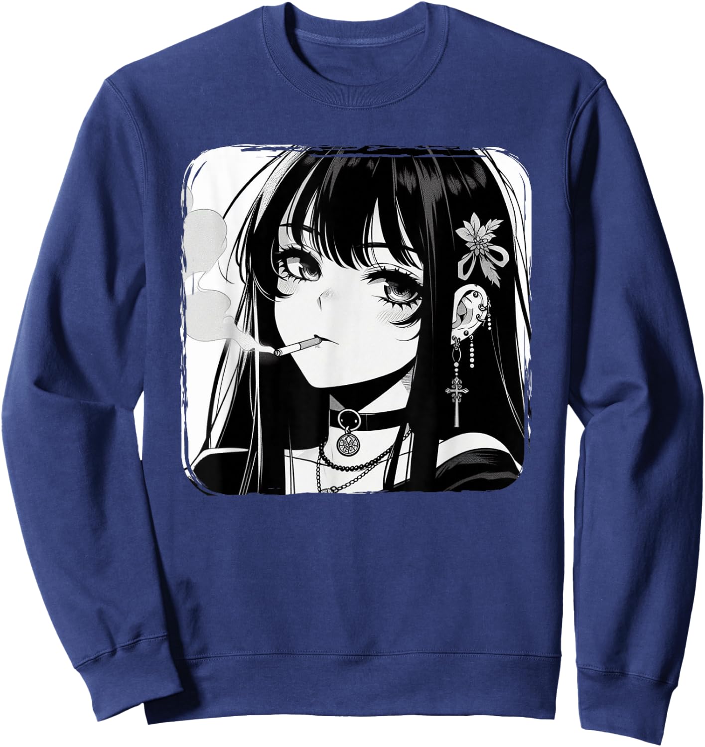 Anime Horror Girl Aesthetic Grunge Waifu Japanese Otaku Sweatshirt - Sweatshirt | Navy