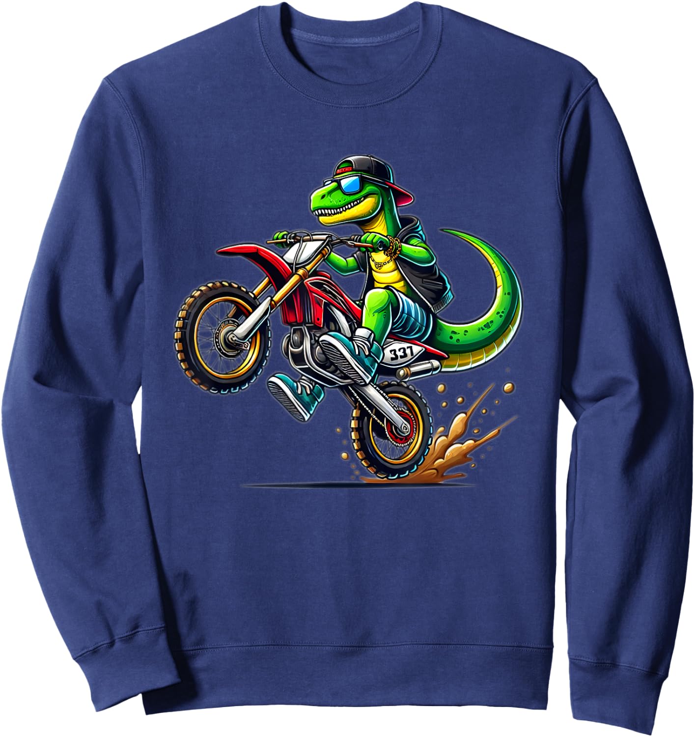 Funny Dirt Bike Boys Kids Dinosaur Motorcycle Riding Sweatshirt - Sweatshirt | Navy