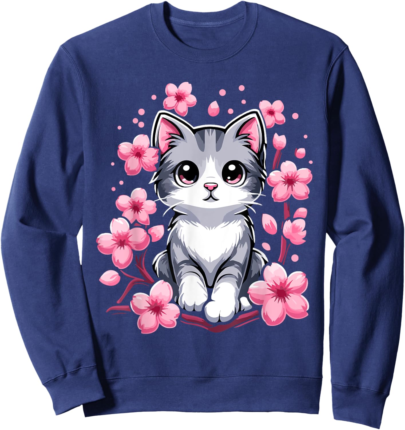 Cute Cherry Blossom Cat Kitten Men Women Girls Kids Sweatshirt - Sweatshirt | Navy