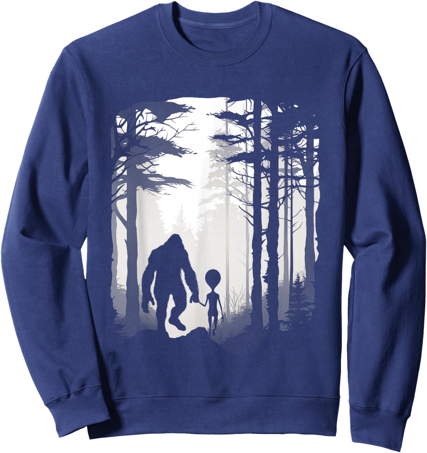 Funny Bigfoot Alien Holding Hands Foggy Forest Walk Sweatshirt - Sweatshirt | Navy
