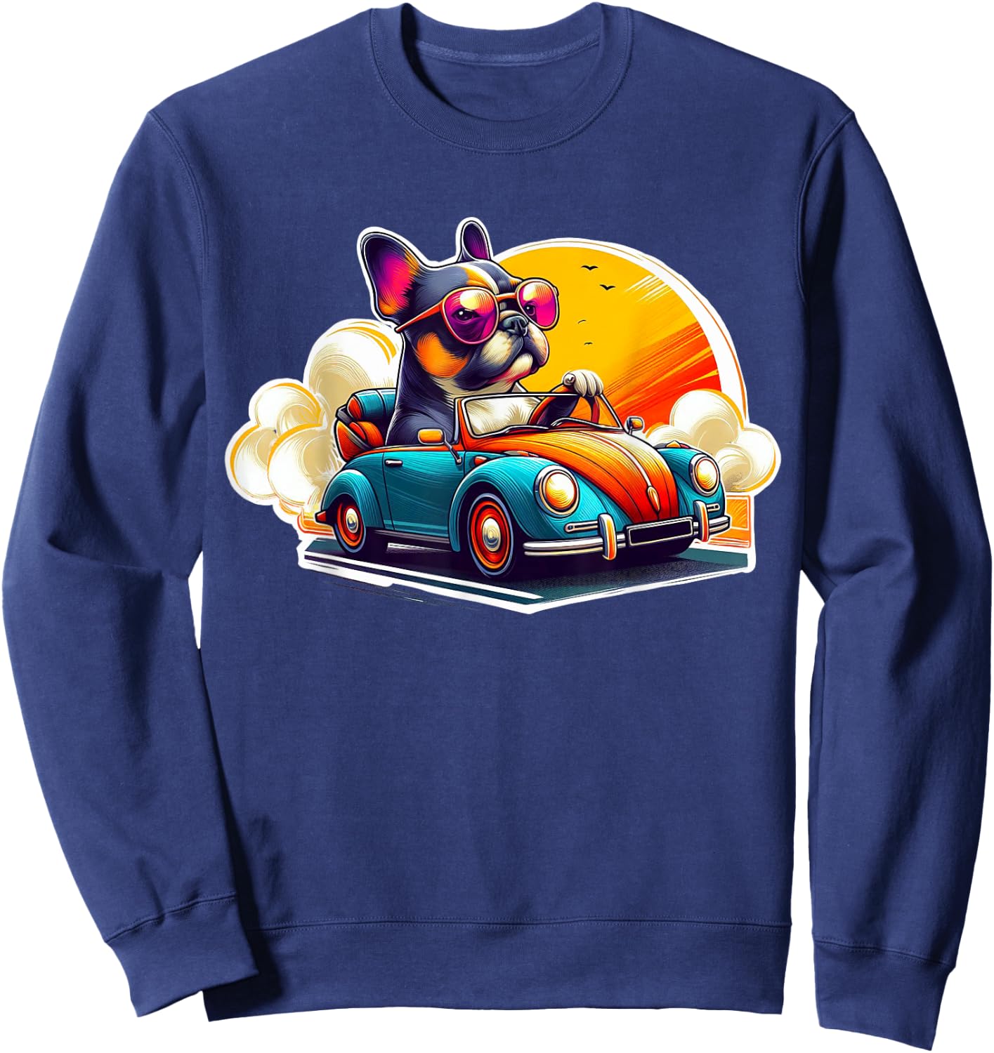 French Bulldog Driving Retro Convertible Car - Frenchie Gift Sweatshirt - Sweatshirt | Navy