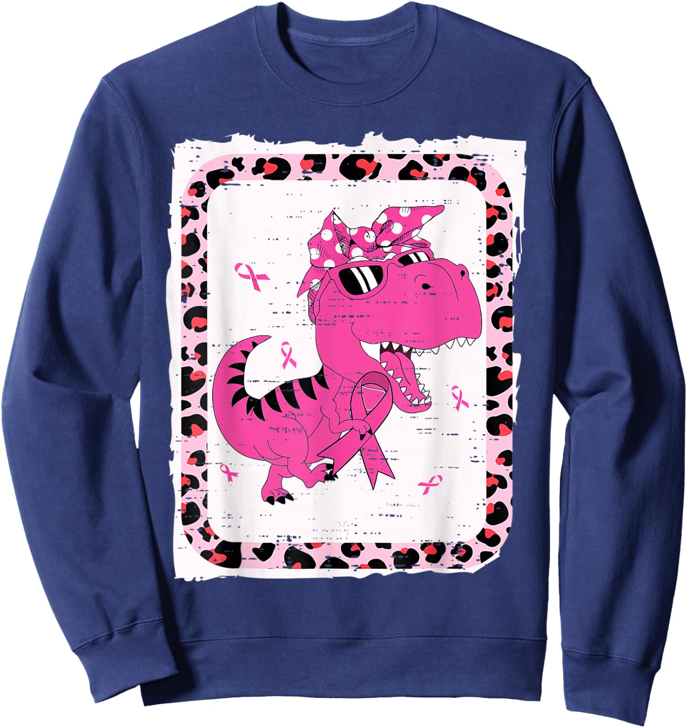 Kids Breast Cancer Awareness Girls T Rex Dinosaur Dino Pink Sweatshirt - Sweatshirt | Navy