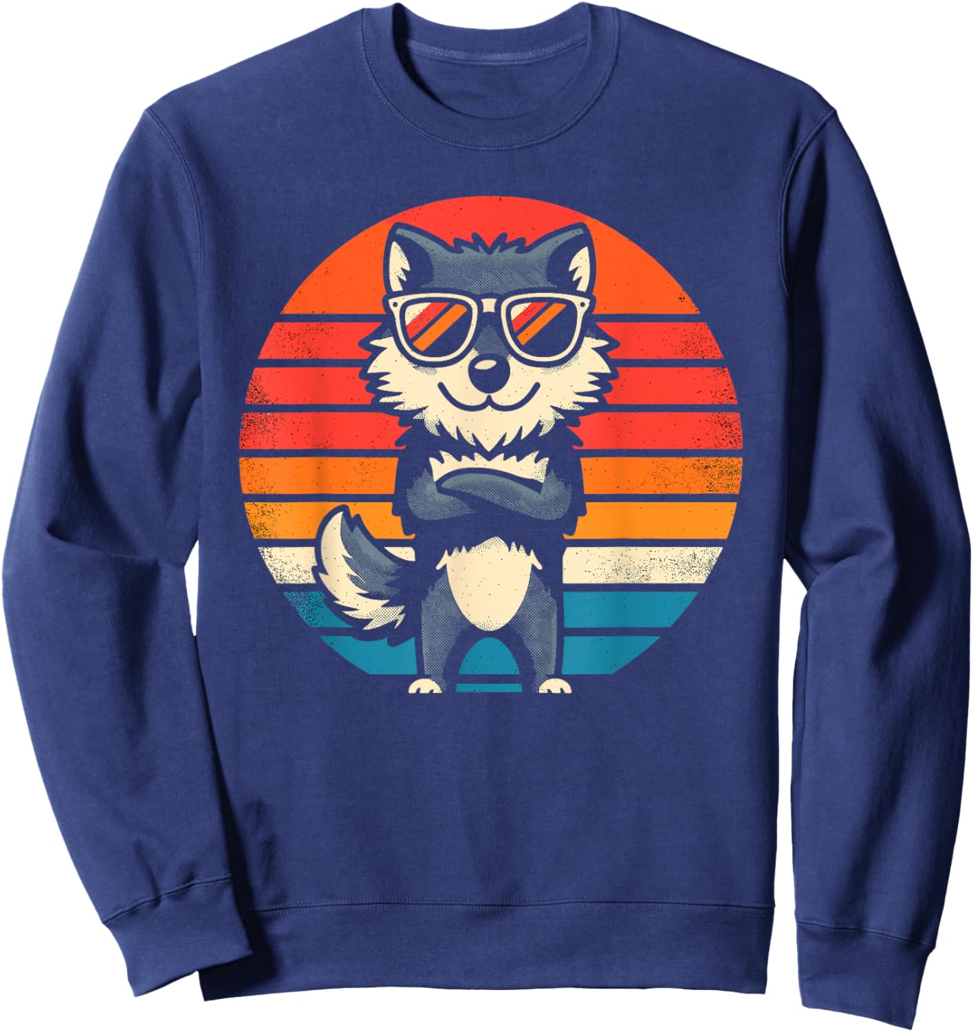 Cool Retro Wolf in Sunglasses 70s 80s 90s Novelty Funny Wolf Sweatshirt - Sweatshirt | Navy