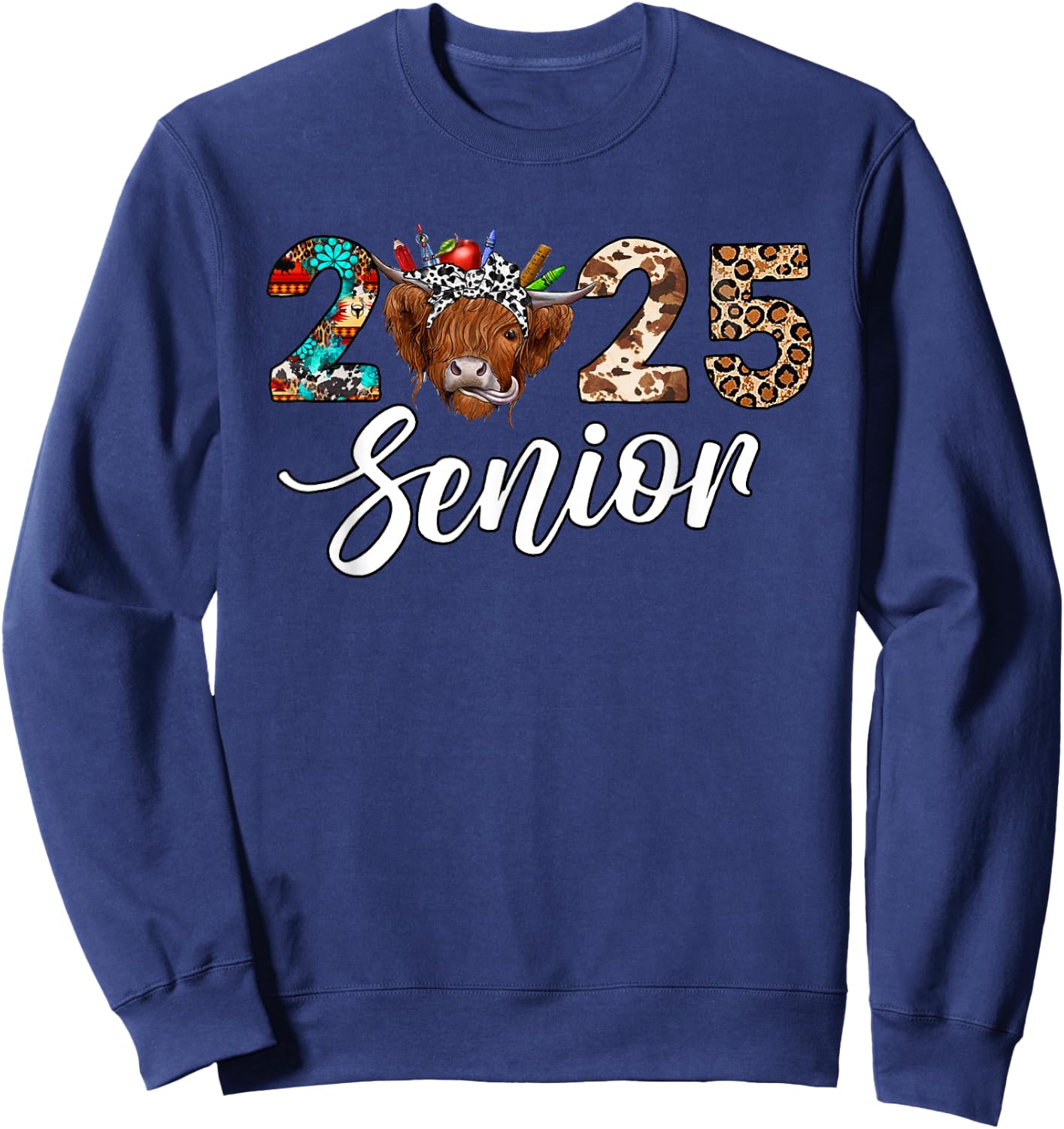 Senior 2025 Highland Cow Western Themed Back To School Sweatshirt - Sweatshirt | Navy
