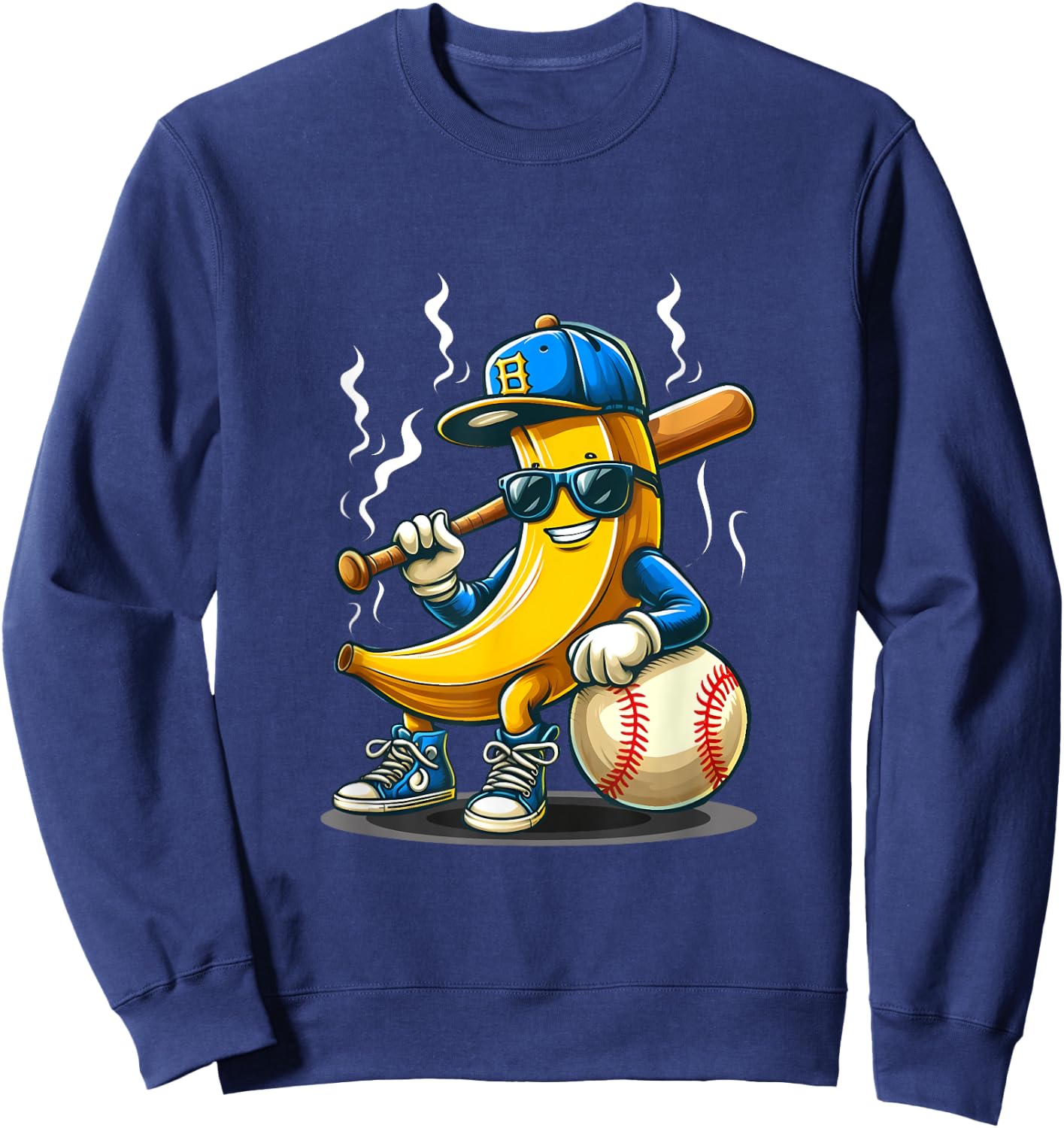 Banana Wearing Sunglasses Hat Playing Baseball Player Fruit Sweatshirt - Sweatshirt | Navy