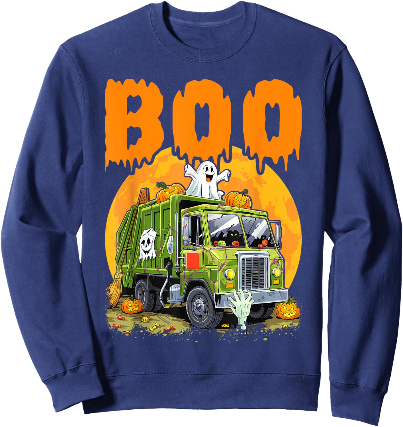 Ghost Driving Garbage Truck With Candy Bag Carved Pumpkin Sweatshirt - Sweatshirt | Navy