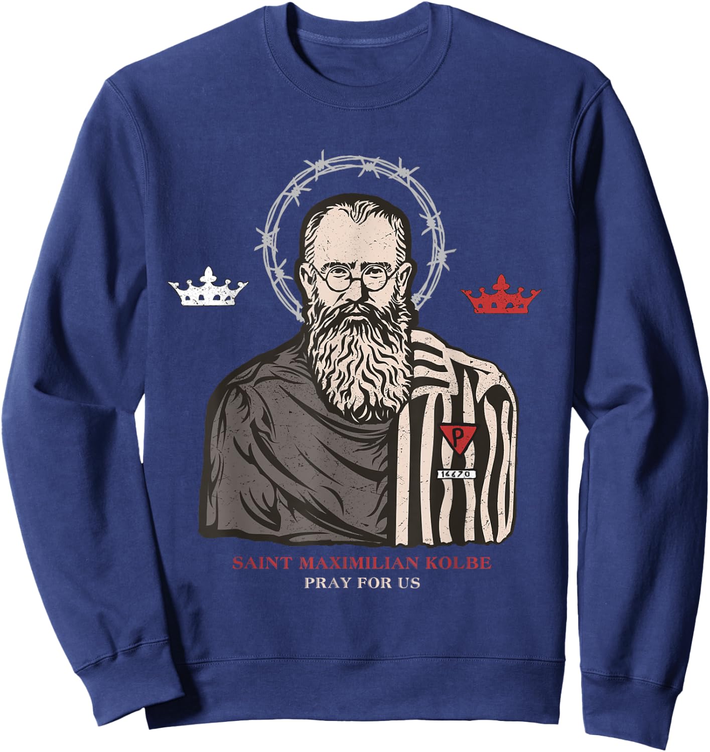 St Maximilian Kolbe Two Crowns Catholic Saint Sweatshirt - Sweatshirt | Navy