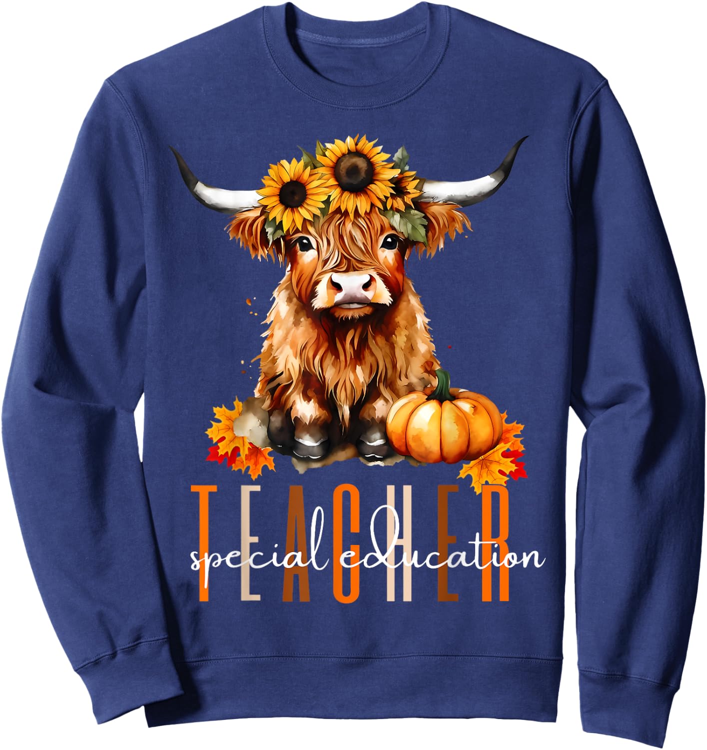 Fall Highland Cow Special Education Teacher Halloween Autumn Women Sweatshirt - Sweatshirt | Navy