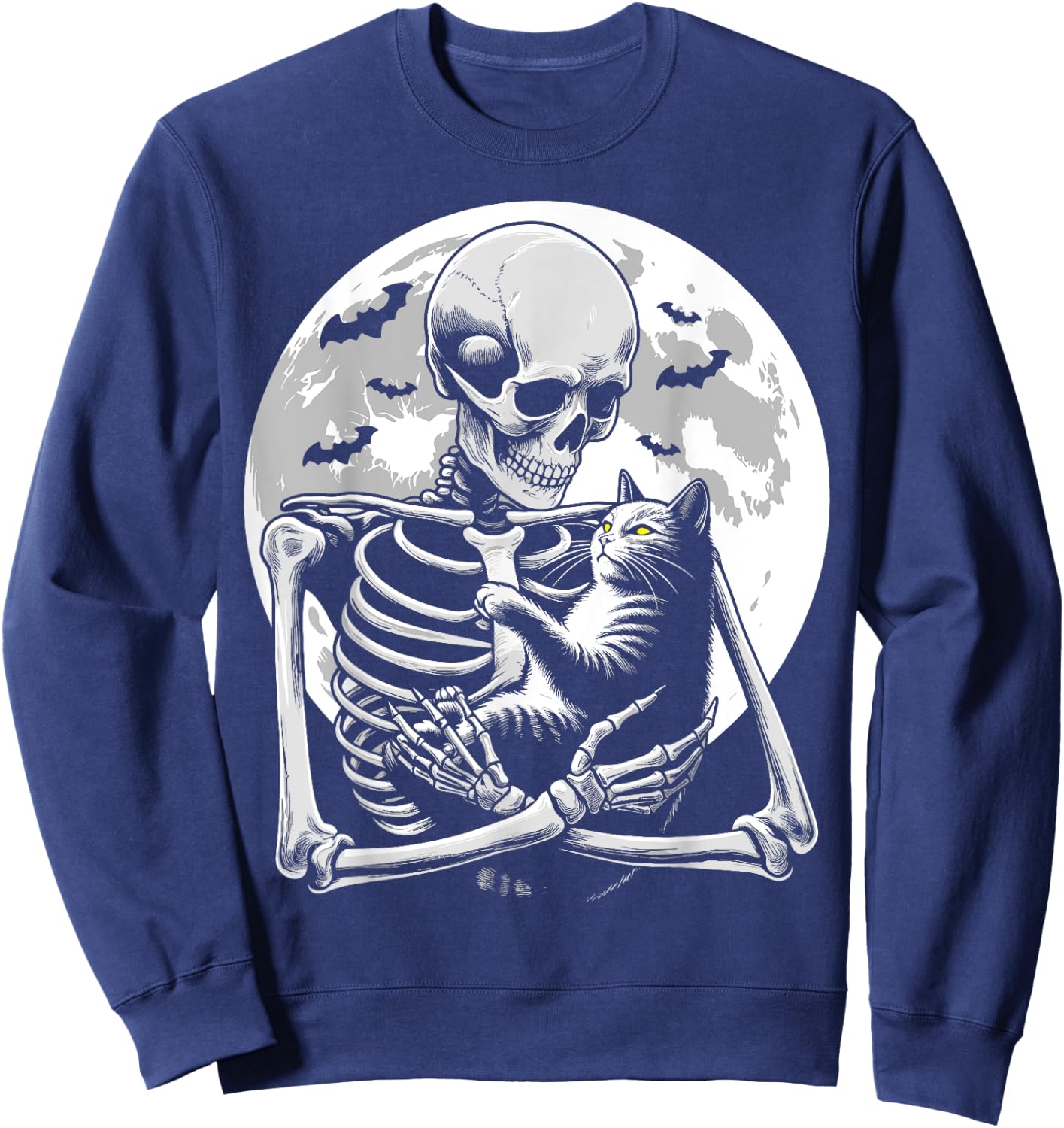 Cat skeleton Halloween skull skeleton holding cat Kitty moon Men Women Kids Sweatshirt - Sweatshirt | Navy