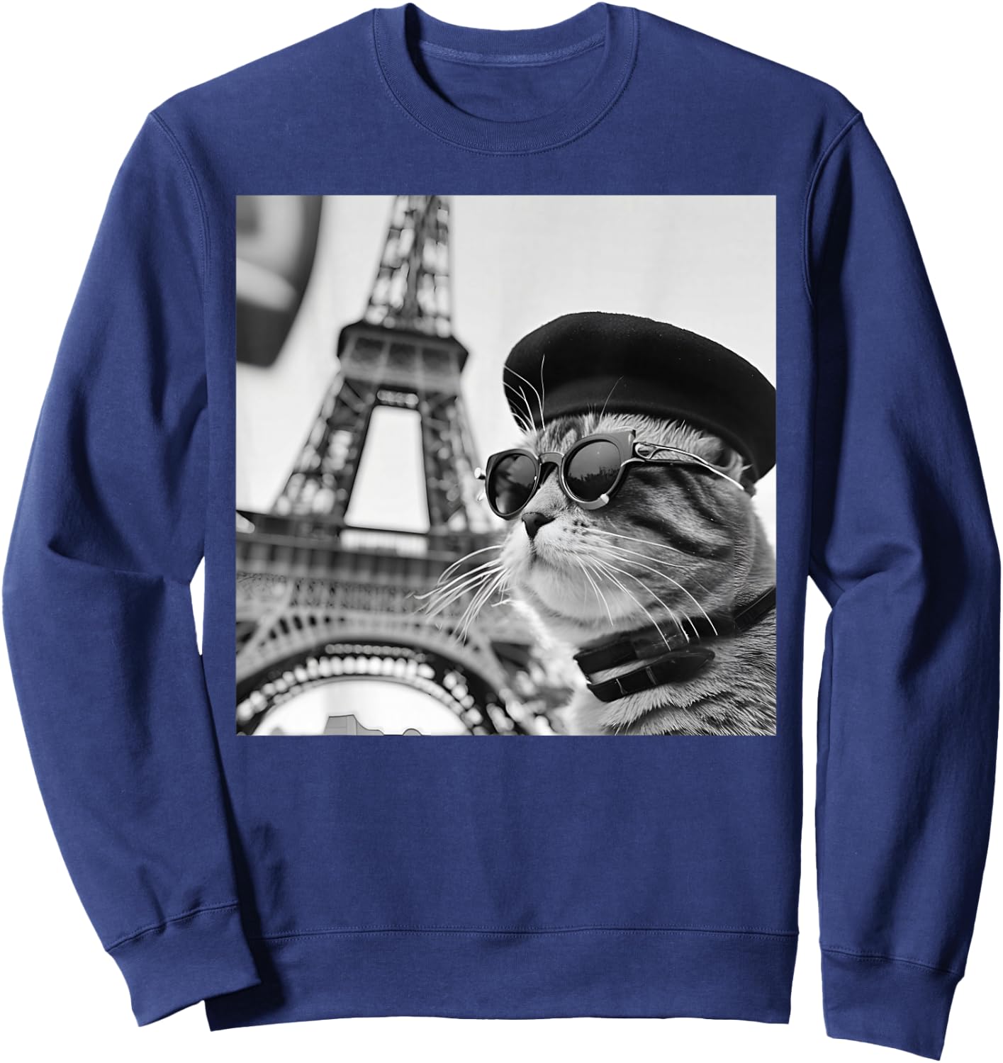 Funny Cat Wearing Sunglasses and A Beret At The Eiffel Tower Sweatshirt - Sweatshirt | Navy