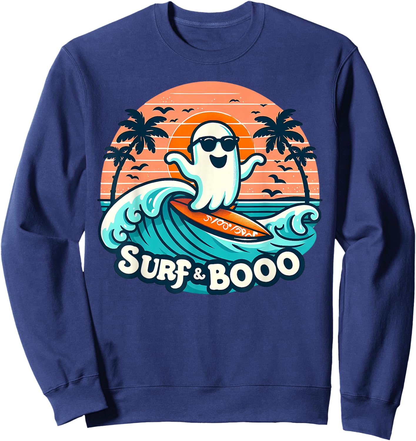 Cool Ghost Costume Surf and Boo Surfing Surfboard Halloween Sweatshirt - Sweatshirt | Navy