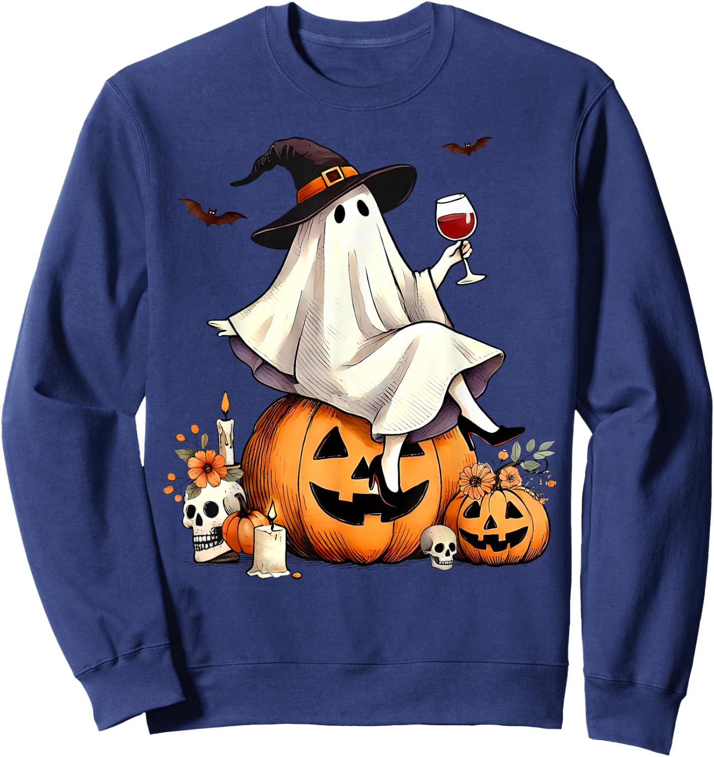 Witch Ghost Wine Drinking Pumpkin Halloween Spooky Season Sweatshirt - Sweatshirt | Navy