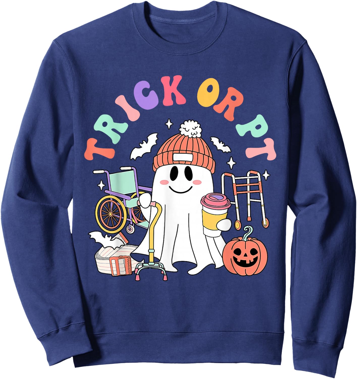 Retro Trick Or PT Physical Therapy Boo Ghost PT Halloween Sweatshirt - Sweatshirt | Navy