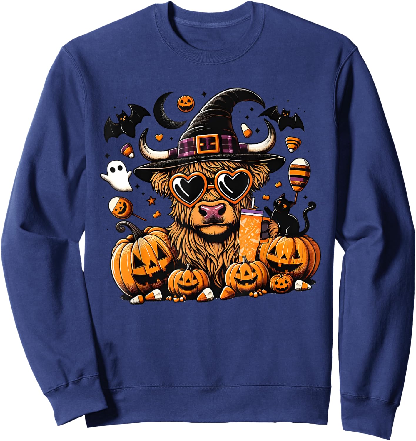 Halloween Highland Cow , Cute Witch Spooky Halloween Cow Sweatshirt - Sweatshirt | Navy