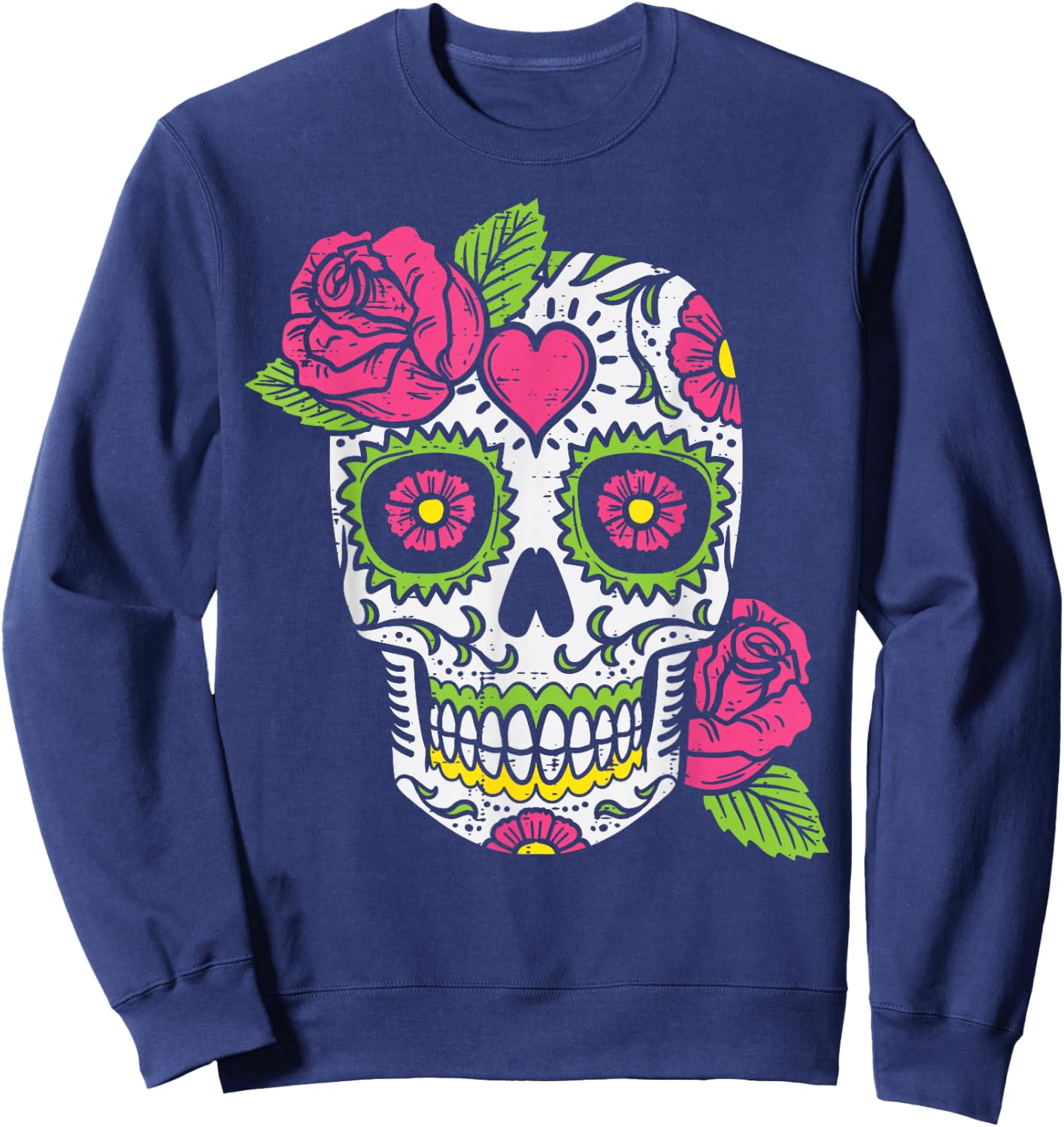 Pink Rose Sugar Skull Dia De Los Muertos Mexican Halloween Sweatshirt - Sweatshirt | Navy