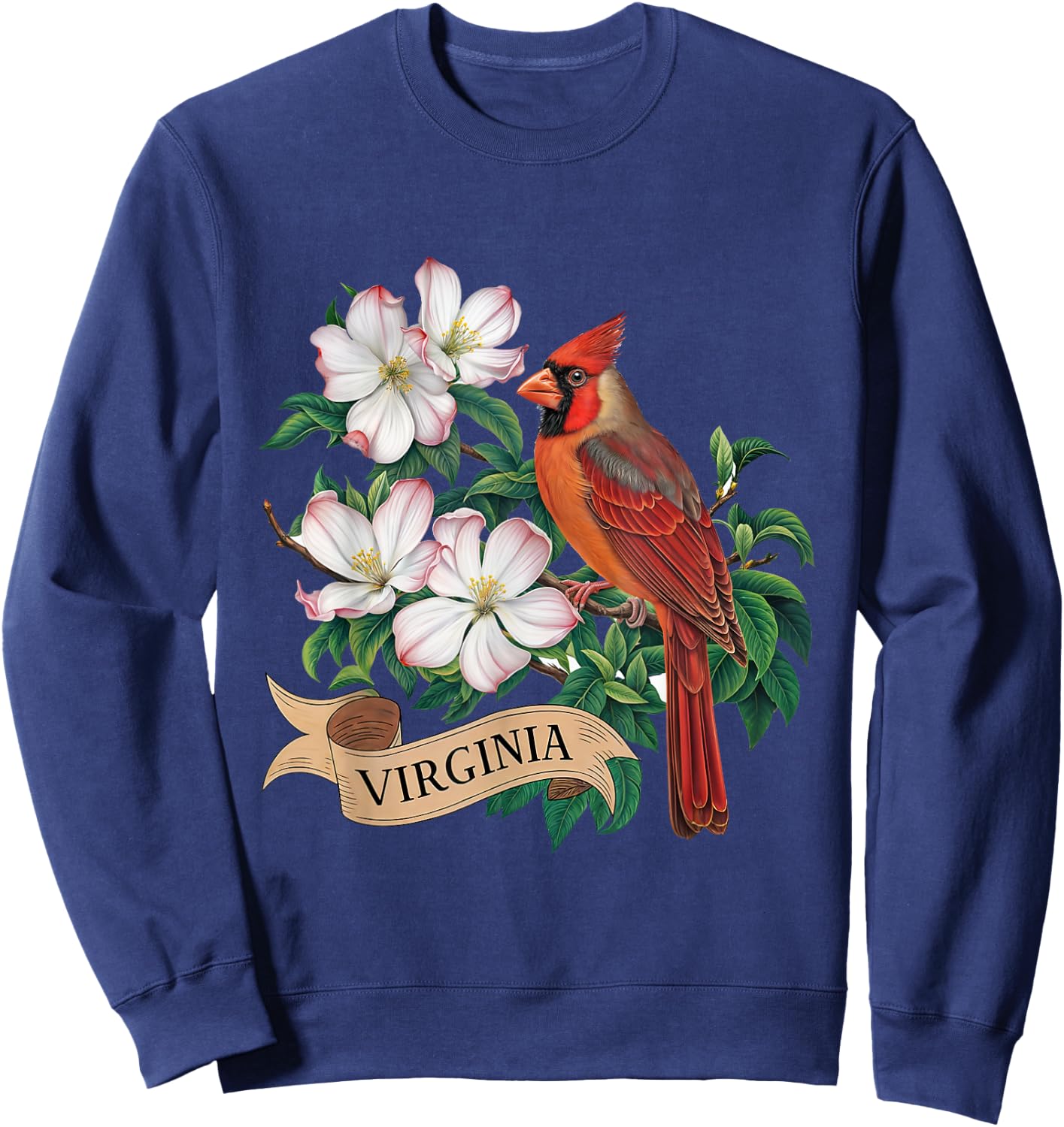 Virginia Cardinal Bird and Flowering Dogwood Flower Sweatshirt - Sweatshirt | Navy