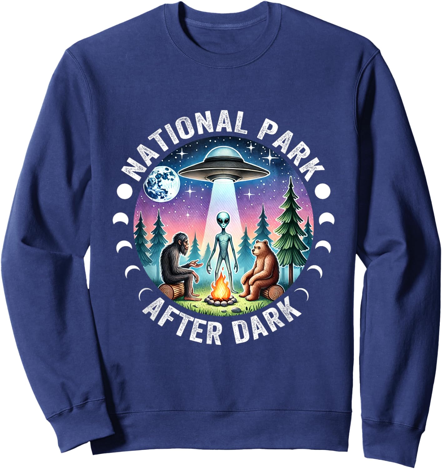 Vintage Retro Funny National Park After the Dark Big foot Alien Campfire , Small, Black Sweatshirt - Sweatshirt | Navy