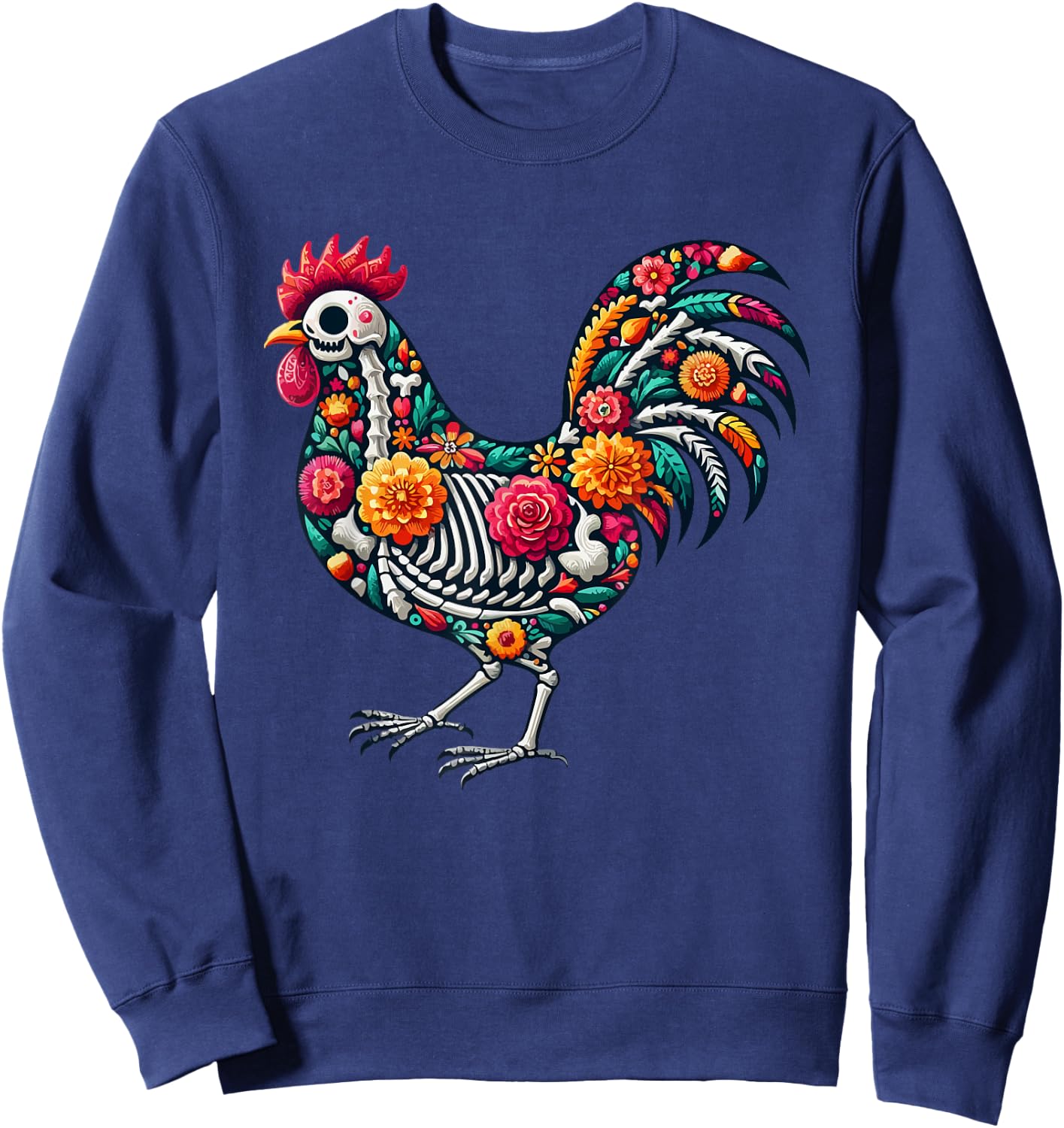 Floral Skeleton Chicken Mexican Dia De Los Muertos Halloween Sweatshirt - Sweatshirt | Navy