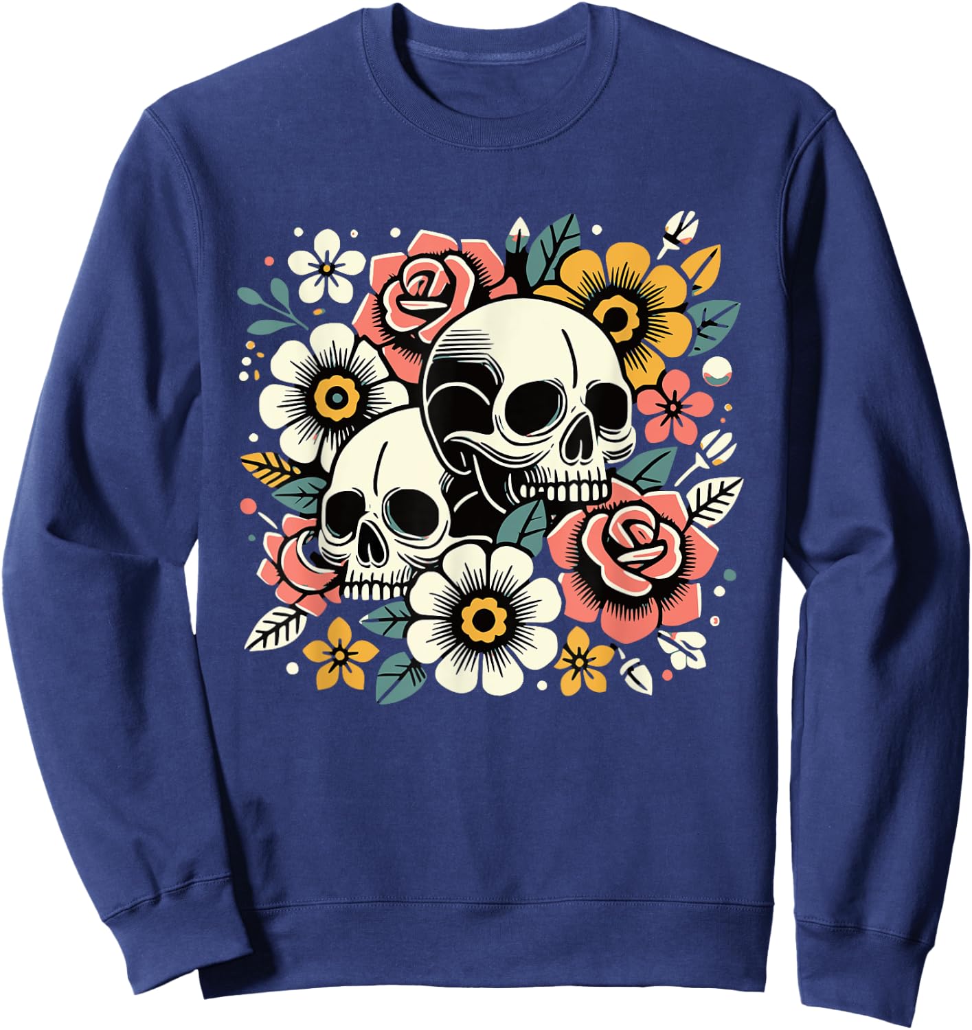 Boho Wildflowers Floral Nature Flower Skull Graphics Sweatshirt - Sweatshirt | Navy