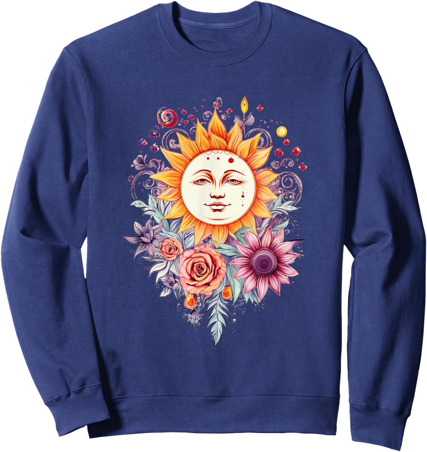 Mystic Sun and Moon Woman Mystical Flowers Aesthetic Sweatshirt - Sweatshirt | Navy