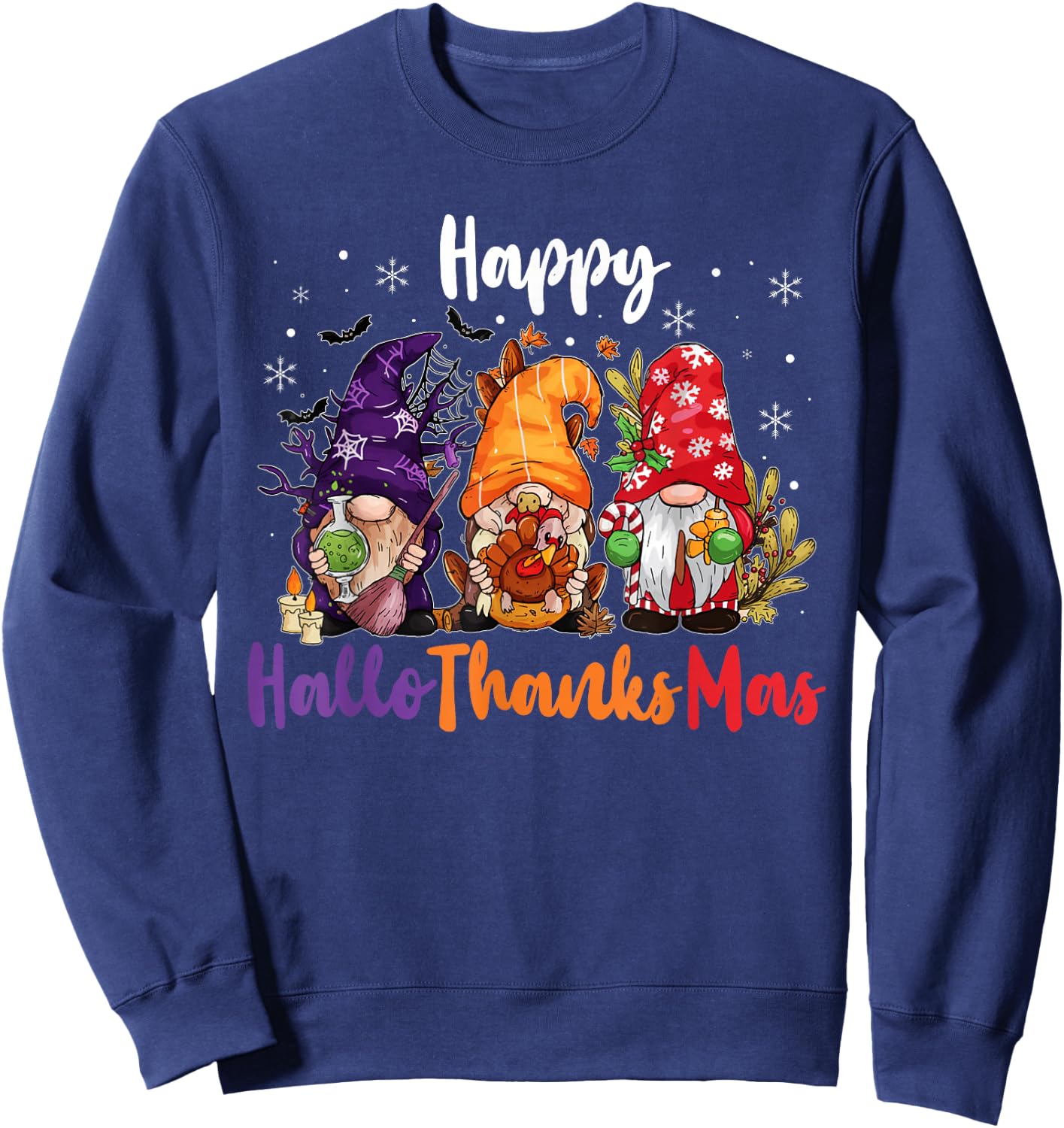 Happy Hallothanksmas Gnomes Lover Halloween Merry Christmas Sweatshirt - Sweatshirt | Navy