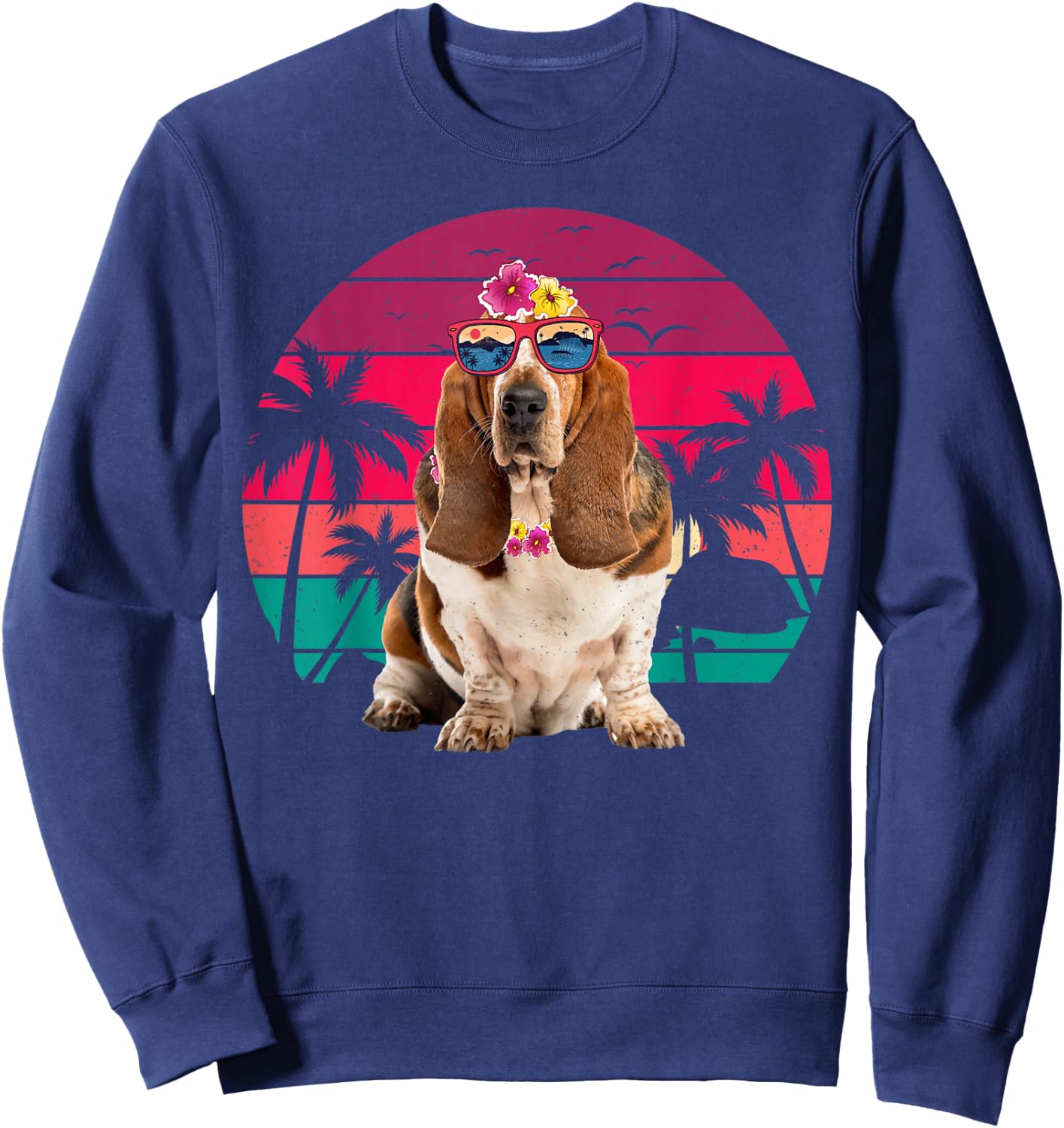 Retro Hawaiian Basset Hound Dog Tropical Floral Summer Vibes Women Kids Sweatshirt - Sweatshirt | Navy