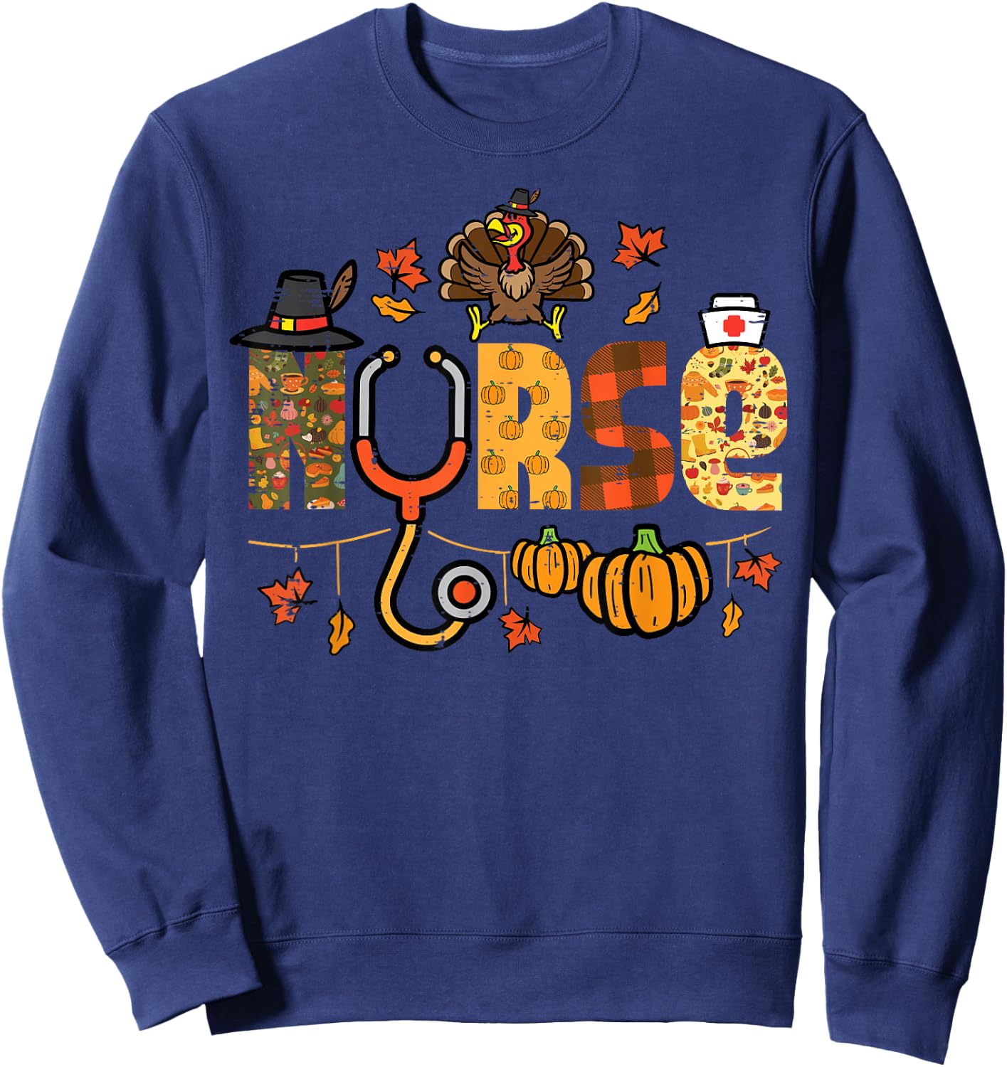 Thanksgiving Nurse Stethoscope Fall Scrub Top ER Men Women Sweatshirt - Sweatshirt | Navy