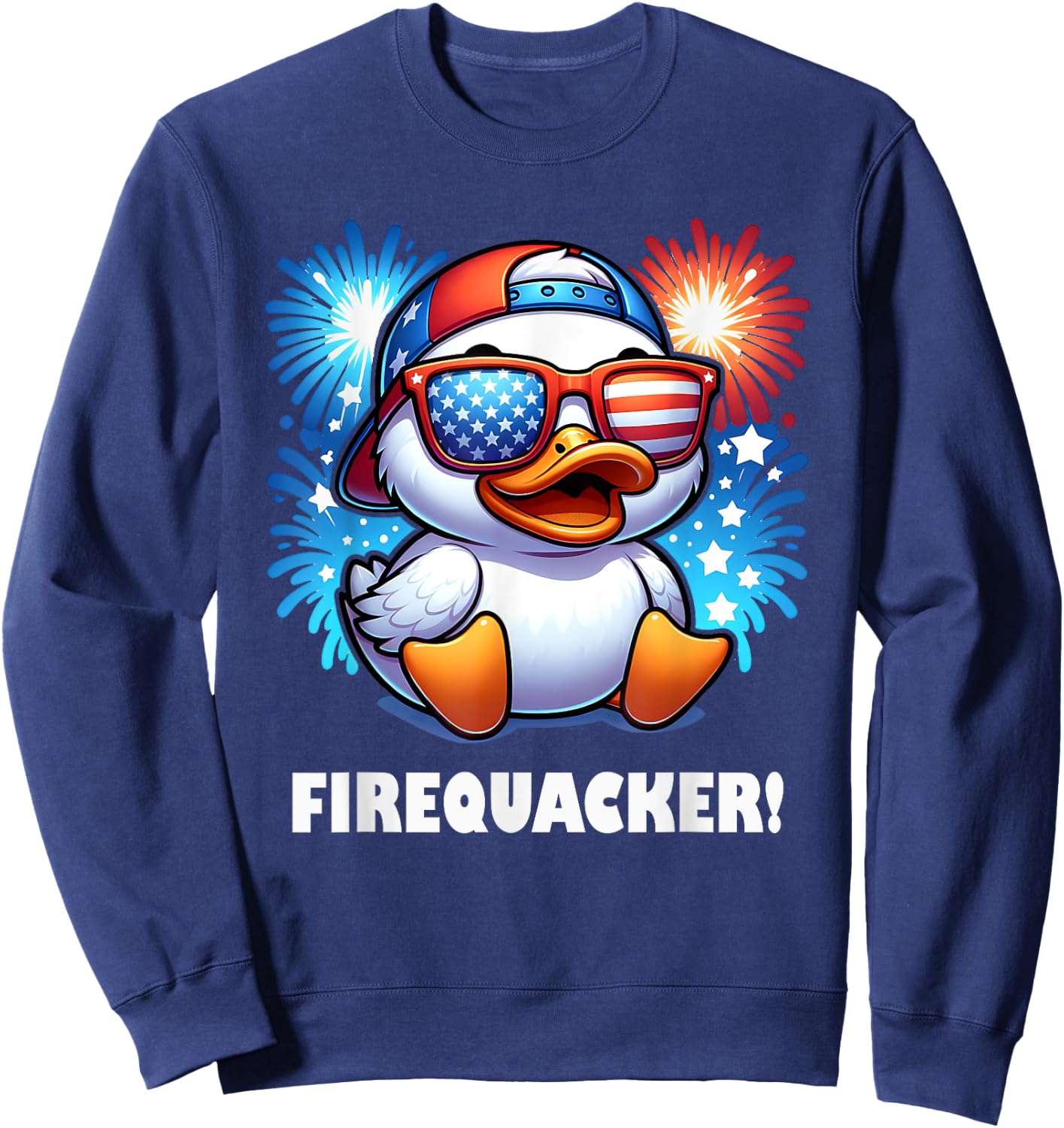 4th of July Firequacker Duck American Flag Fireworks Graphic Sweatshirt - Sweatshirt | Navy
