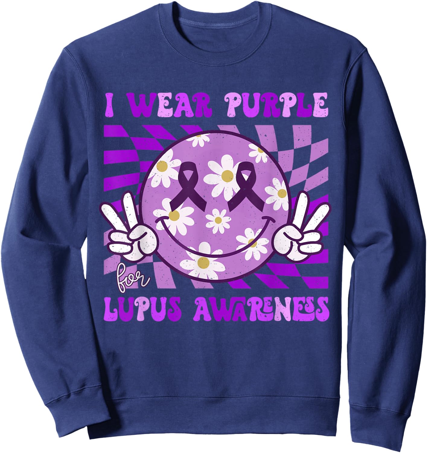 Retro Lupus Awareness Smile Hippie Checkered Purple Ribbon Sweatshirt - Sweatshirt | Navy