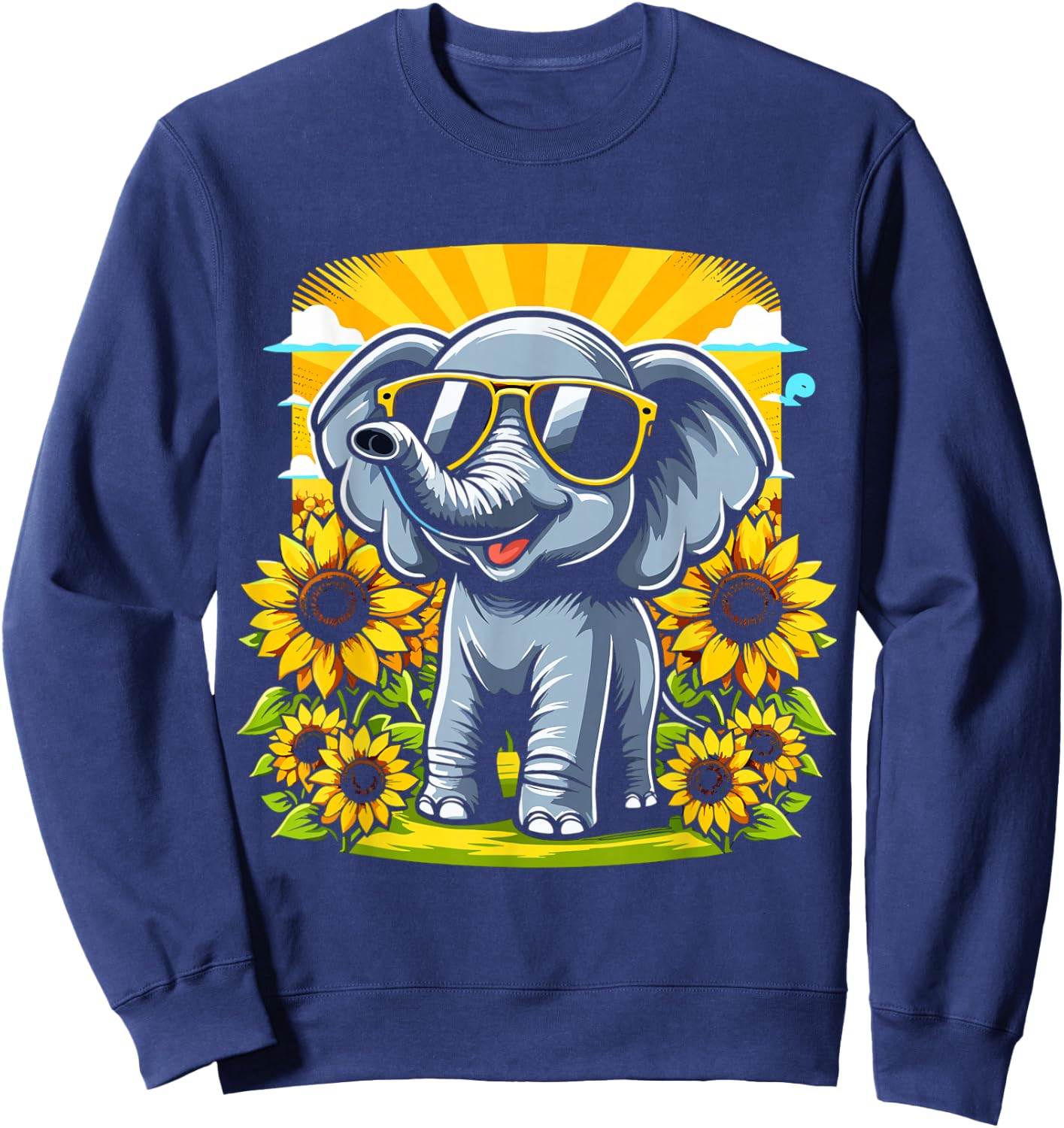 Elephant with Sunglasses and Sunflowers Funny Elephant Lover Sweatshirt - Sweatshirt | Navy