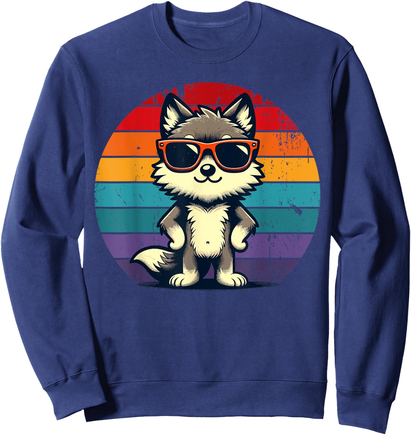 Cool Retro Wolf in Sunglasses 70s 80s 90s Novelty Funny Wolf Sweatshirt - Sweatshirt | Navy