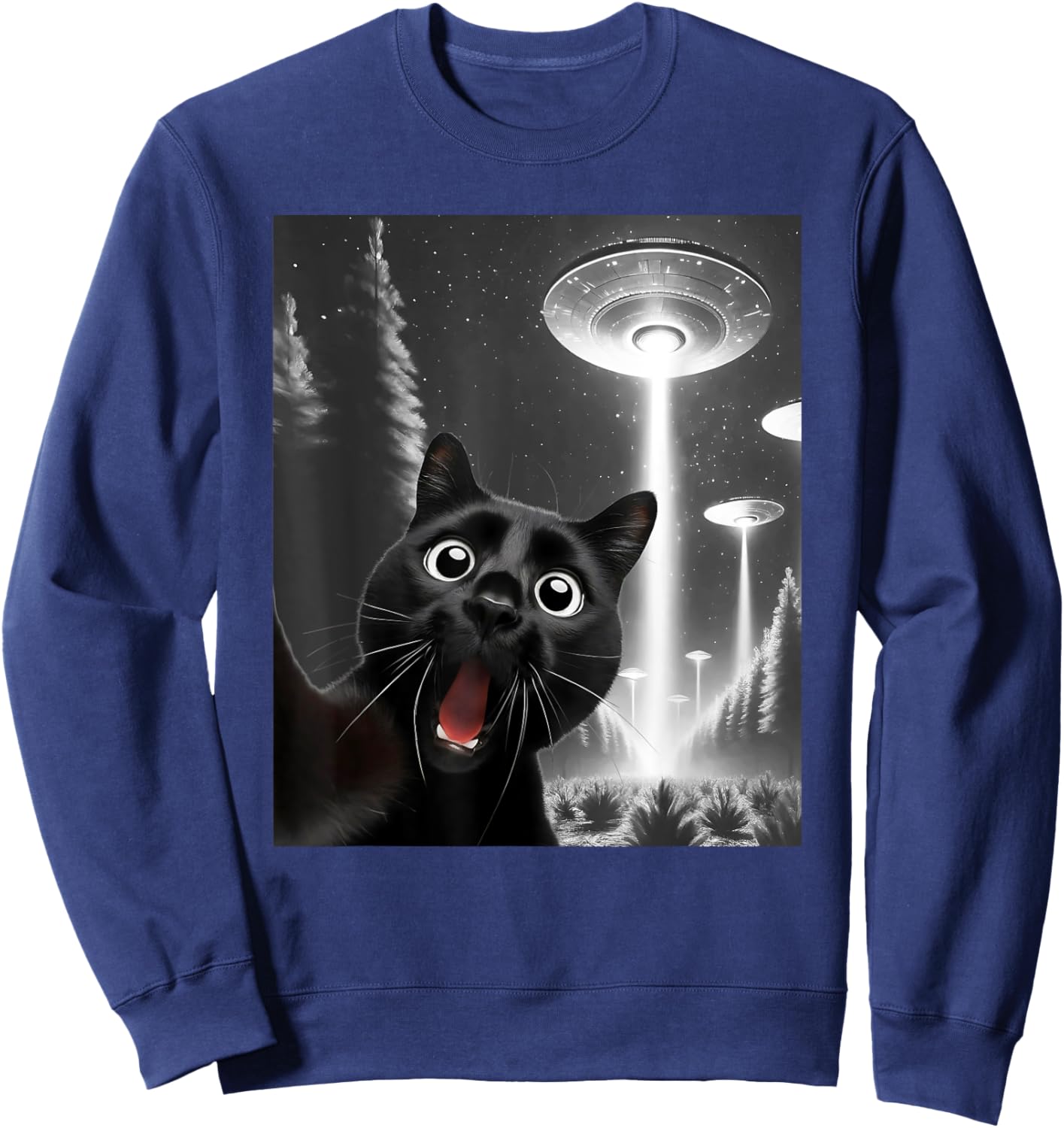 Funny Black Cat Alien UFO Taking a Selfie Cat Mom Dad Sweatshirt - Sweatshirt | Navy