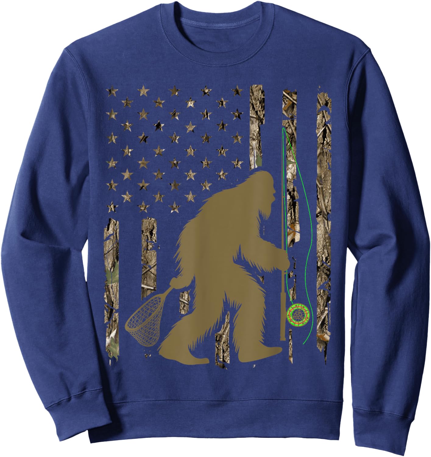 Bigfoot Fly Fishing Sasquatch American Flag Tree Camouflage Men Sweatshirt - Sweatshirt | Navy