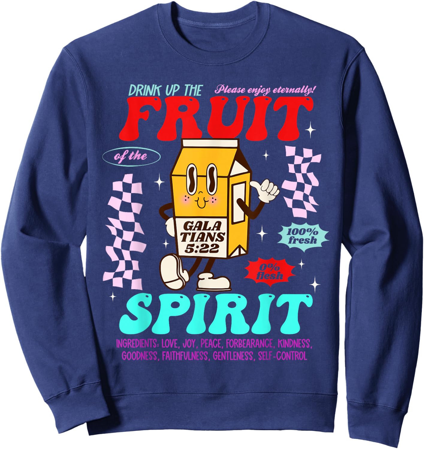 Drink Up Fruit Of The Spirit Christian Milk Bottle Checkered Sweatshirt - Sweatshirt | Navy