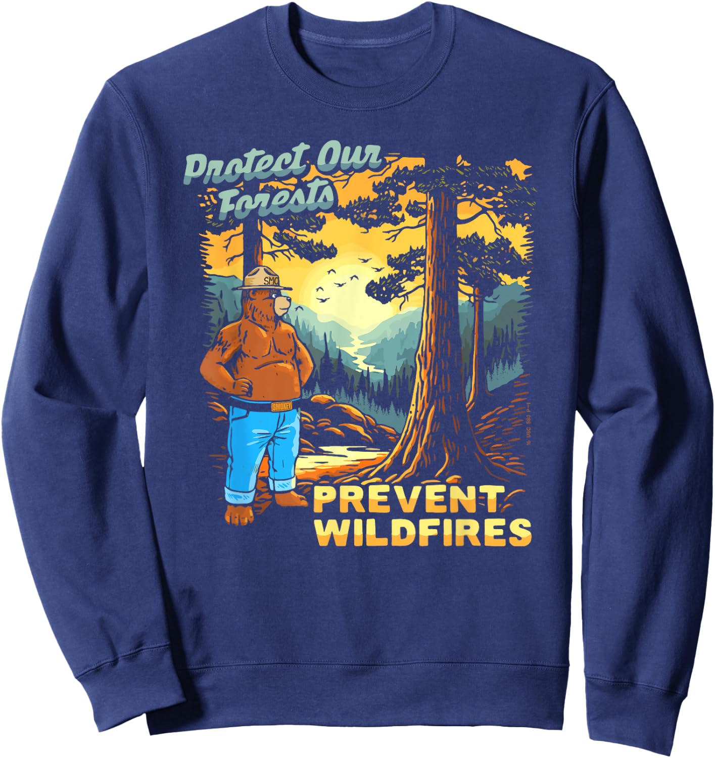 Smokey Bear Sunset Overlook - Protect Our Forests Retro Art Sweatshirt - Sweatshirt | Navy