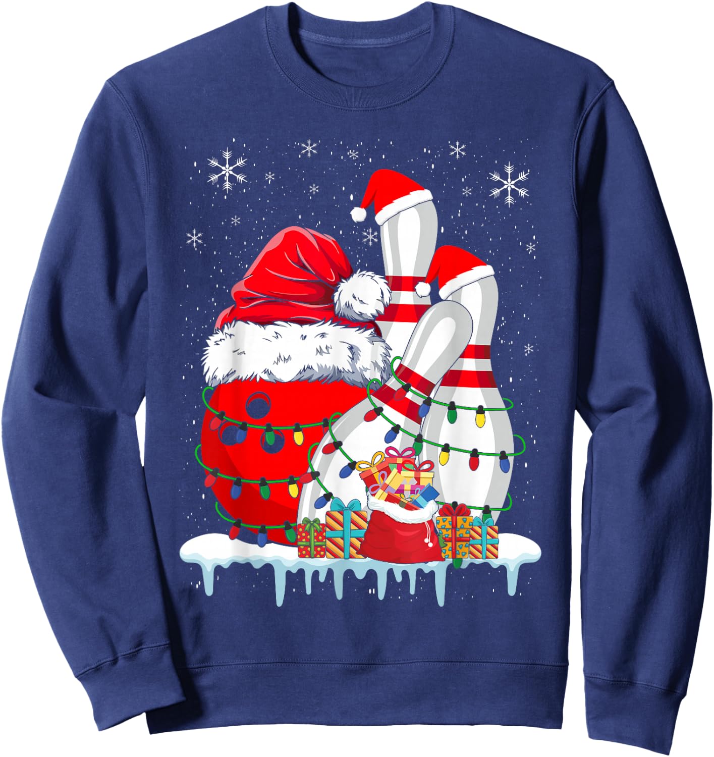 Bowling Christmas Bowling Santa Hat Christmas Lights Sweatshirt - Sweatshirt | Navy
