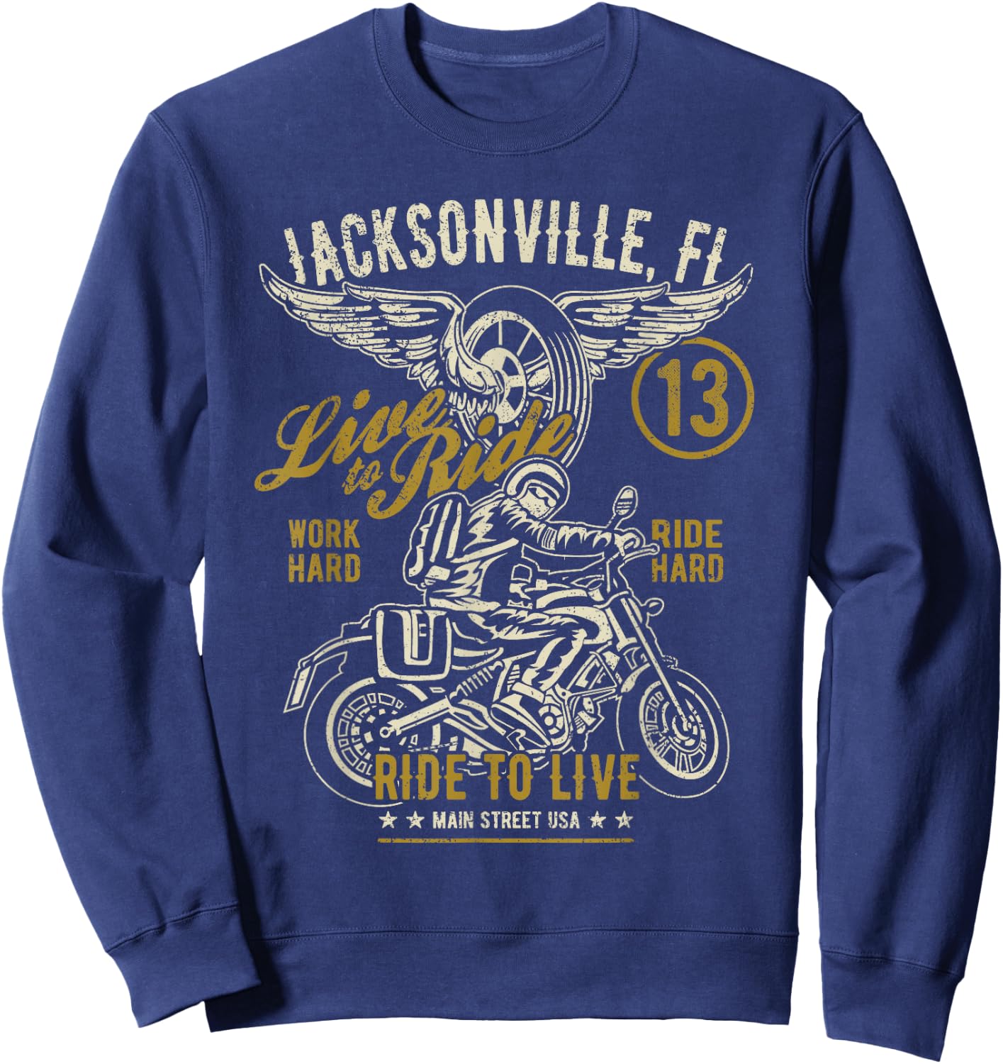 Jacksonville FL USA Distressed Style Motorcycle Design Sweatshirt - Sweatshirt | Navy